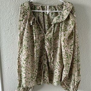 Anthropologie Green and Pink Floral Blouse